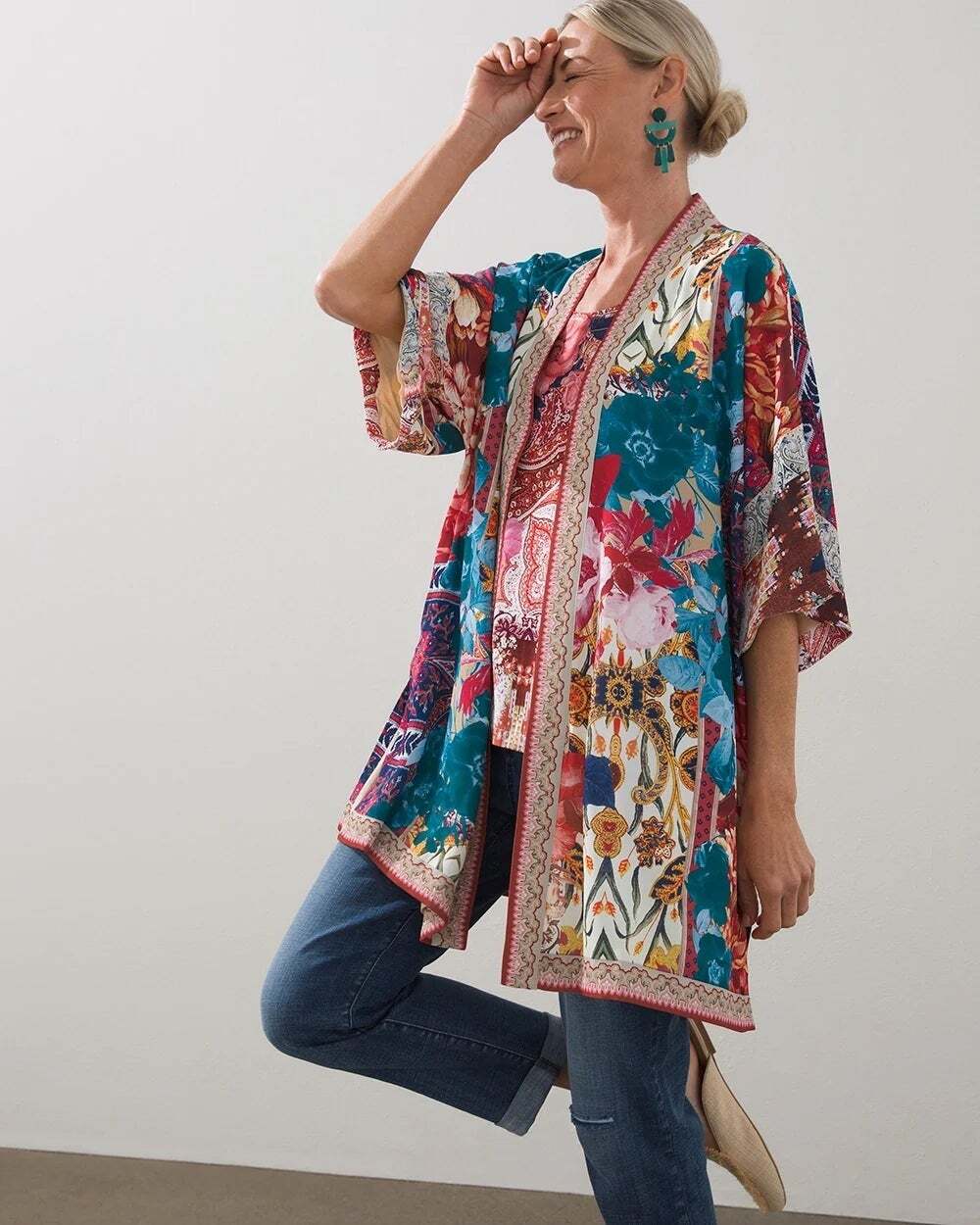 Chico's Tapestry Floral Kimono Tunic Top Floral S/M Boho Flowy Cardigan Coquette